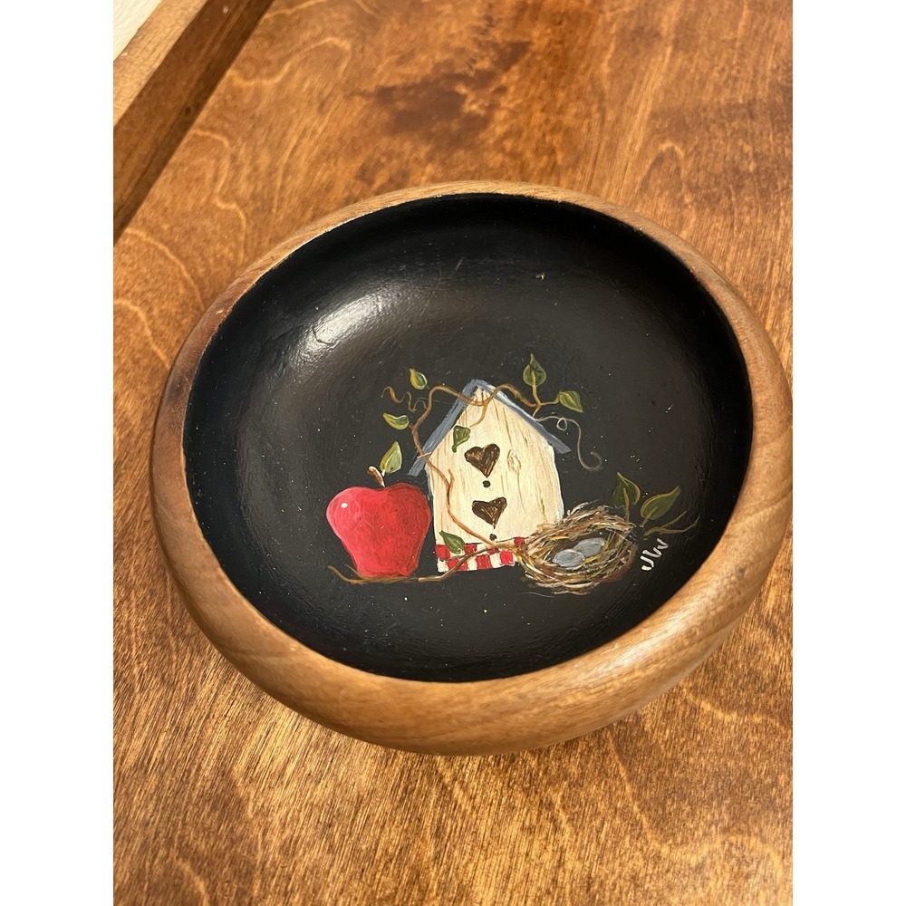 Hand Painted Wooden Vintage Decorative Bowl Birdhouse Nest Apple 6"